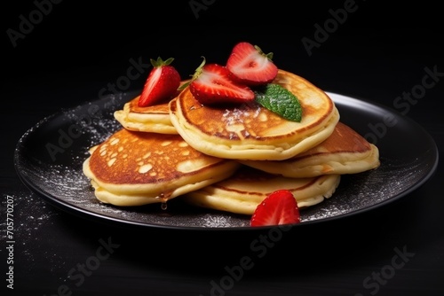  a stack of pancakes with syrup and strawberries on a black plate on a dark background with a splash of sugar on top of the pancakes and the pancakes.