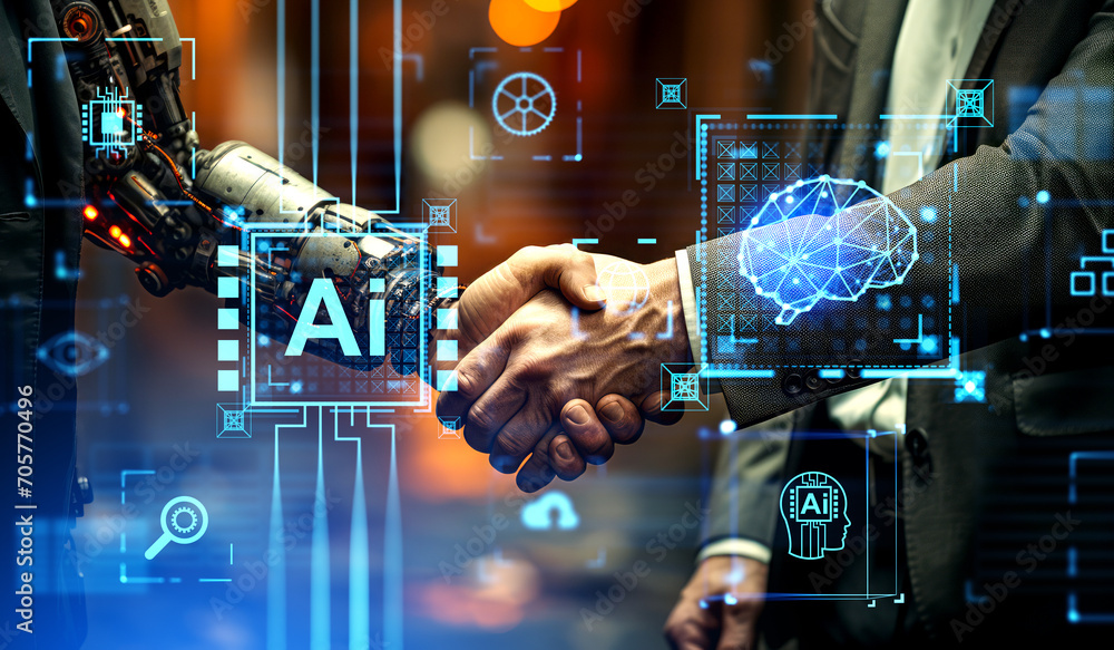 Man and robot handshake, AI brain hologram icons. Ai generative illustration Man and robot handshake, AI brain hologram icons. Ai generative illustration