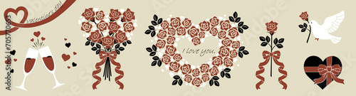 バレンタインデーの薔薇や贈り物のイラストセット(二色版)　Clip art set of rose and gift for valentine's day (two color version)