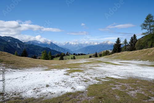 Alpine Ski Resort no snow, grassy patches 