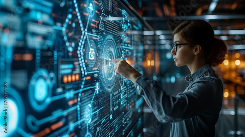 Businesswoman touching a futuristic data screen. Analyzing and calculating data for the objectives of a financial company. Business strategy. Economic analysis of digital marketing.