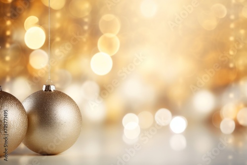  two shiny ornaments hanging from a string against a blurry background with boke of lights and boke of boke of lights in the corner of the picture.
