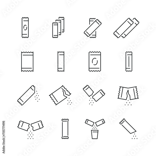 Vector line set of icons related with sachet. Contains monochrome icons like sachet, sugar, bag, salt, stick and more. Simple outline sign. photo