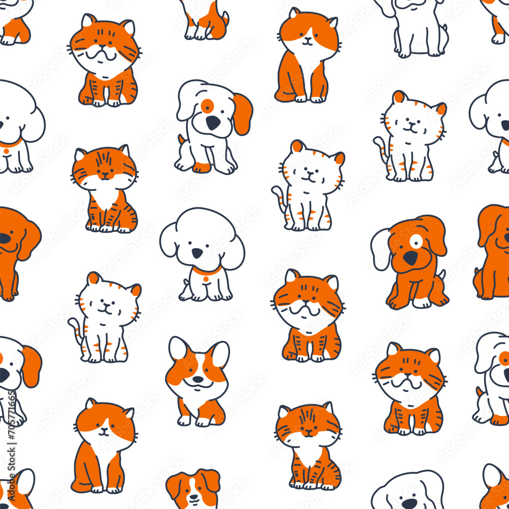 Dogs and cats vector cartoon seamless pattern background for wallpaper, wrapping, packing, and backdrop.