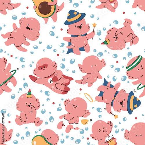 Baby axolotl vector cartoon seamless pattern background for wallpaper, wrapping, packing, and backdrop.