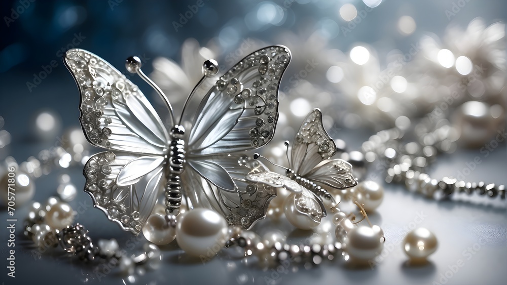 A silver flower sparkles with diamonds and pearls, attracting two delicate butterflies. A silver flower sparkles with diamonds and pearls, attracting two delicate butterflies.