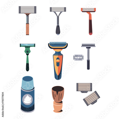 Razors for men and supplies vector cartoon set isolated on a white background.