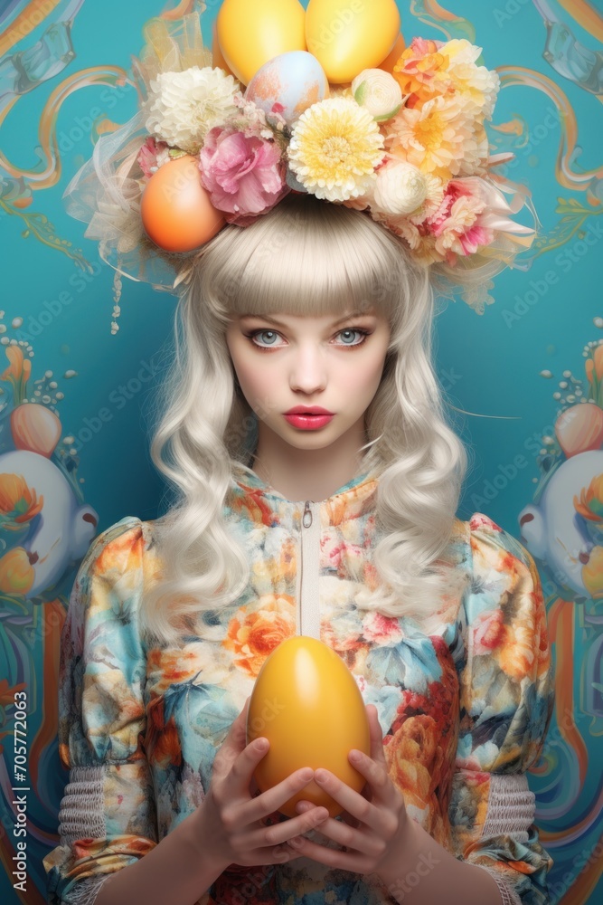 Fototapeta premium Colorful Egg Gathering: Visual composition featuring the girl wearing rabbit ears while gathering colorful Easter eggs in a vibrant and lively spring setting.