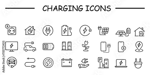 Charging icon set. Containing charge, battery, energy, electricity, charger, recharge, electric car and charging station icons. Solid icon collection. Vector illustration.