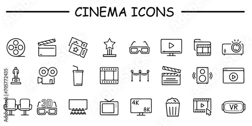 Video and cinema icon set. Containing camera, media, online video, live, production, player, movie and cinema icons. Solid icon collection.