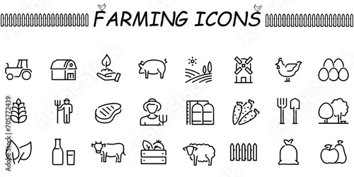 Set of  line icons related to farm, farming, gardening, agriculture, smart farm, farm animals, seeding. Vector illustration