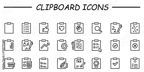 Clipboard, checklist, report, survey or agreement outline icons set isolated on white background flat vector illustration.