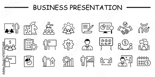 Meeting icon set. Containing seminar, business meeting, presentation, interview, conference, assembly, agreement and discussion icons