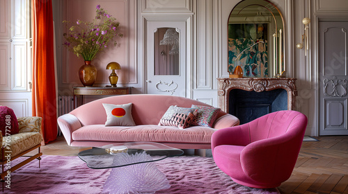 Pink modern living room, ai generated