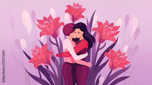 hugging day, couple with blooming flowers,
