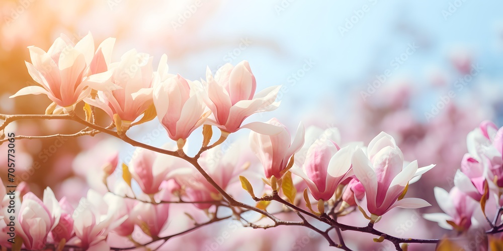 flowering magnolia blossom on sunny spring background, close-up of beautiful springtime flora, floral easter background concept with copy space