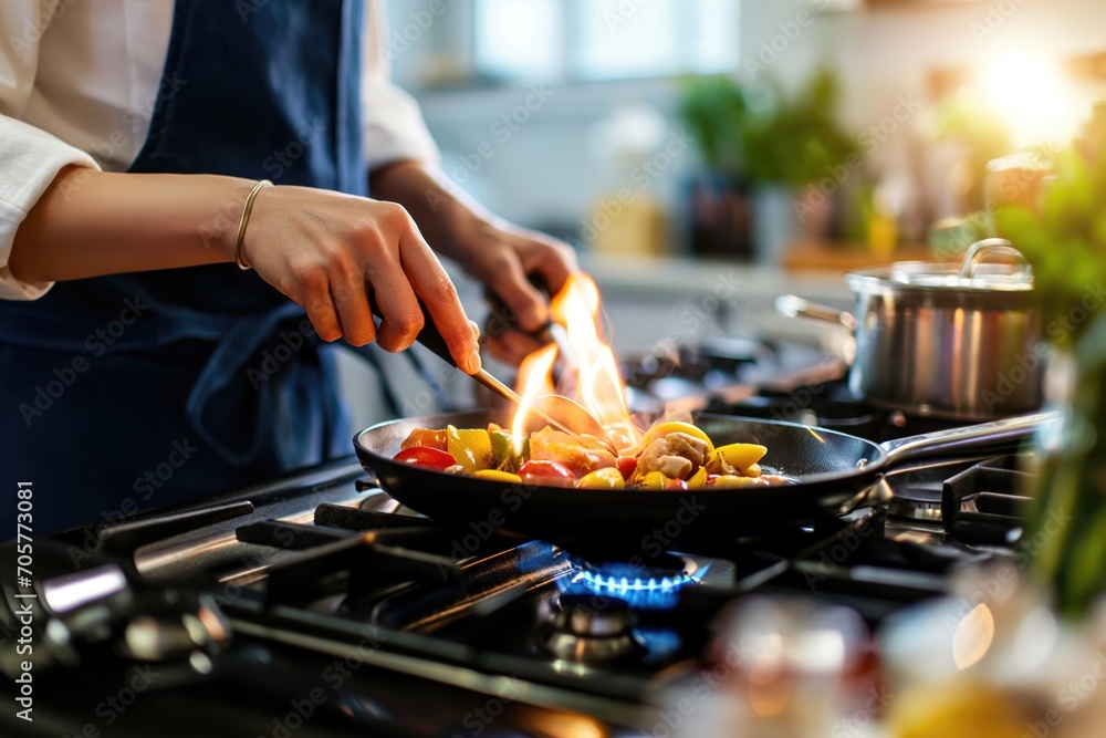 chef cooking on a stove bright kitchen