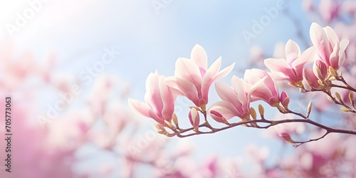 flowering magnolia blossom on sunny spring background, close-up of beautiful springtime flora, floral easter background concept with copy space photo