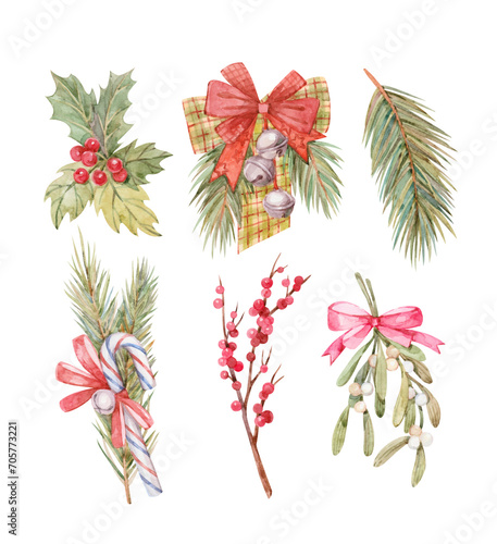Wallpaper Mural A set of watercolor illustrations with spruce branches decorated with ribbons and bells, mistletoe sprigs with berries. New Year's and Christmas decorations. Torontodigital.ca