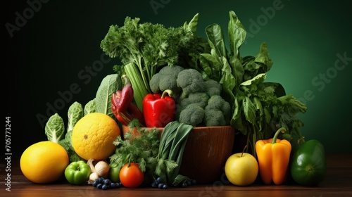  a wooden table topped with lots of different types of fruits and vegetables next to a bowl of fruit and vegetables next to a green wall with a dark green background.