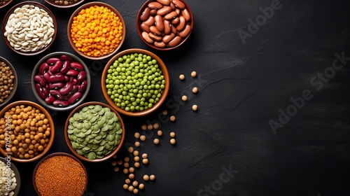 Legumes, lentils, chikpea and beans mix in bowls on stone table, top view
