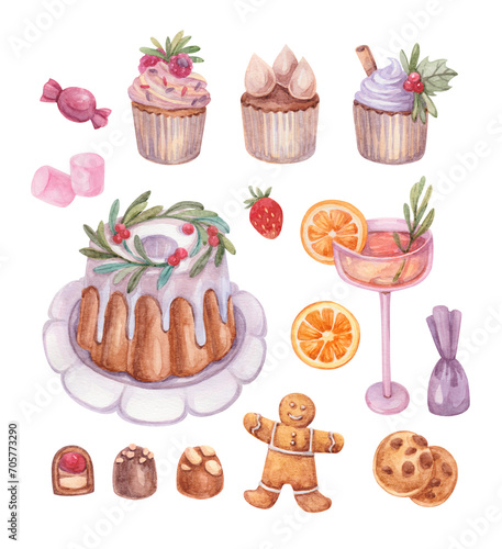 Wallpaper Mural A set of illustrations of New Year's and Christmas sweets drawn in watercolor: candies, cupcakes, marshmallows, Christmas cake, gingerbread man, cookies, cocktail. Torontodigital.ca