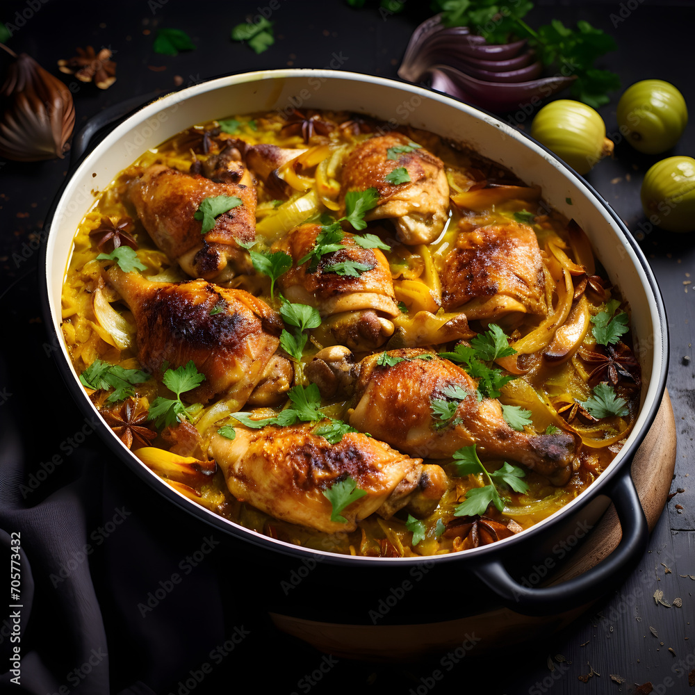 Close up opf Turmeric chicken casserole in baking dish.