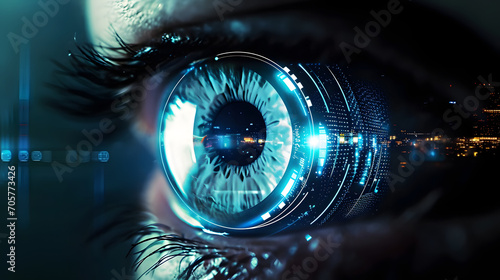 Futuristic robot eye technology, blue digital iris.