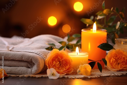  a couple of candles sitting on top of a table next to a towel and a vase with flowers on top of a table next to a couple of candles on top of a table.