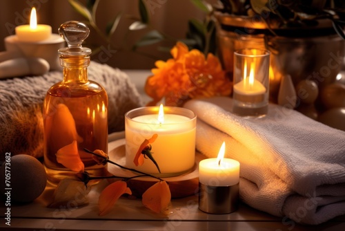  a couple of candles sitting on top of a table next to a bottle of oil and a towel on top of a table next to a vase with orange flowers.