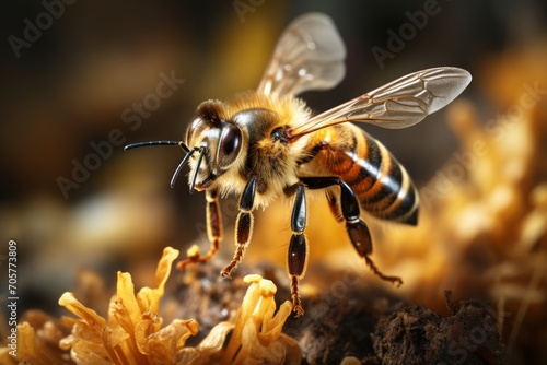  a close up of a bee on a plant with yellow flowers in the foreground and in the background, a blurry image of a bee on the ground. © Nadia