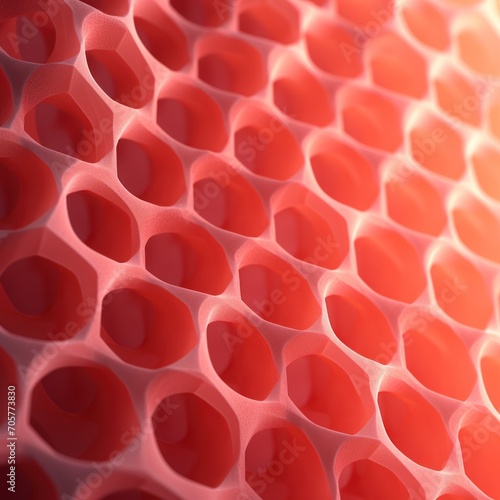  a close up view of a wall made of red, orange, yellow and pink hexagonal shapes with a blurry light in the middle of the middle.