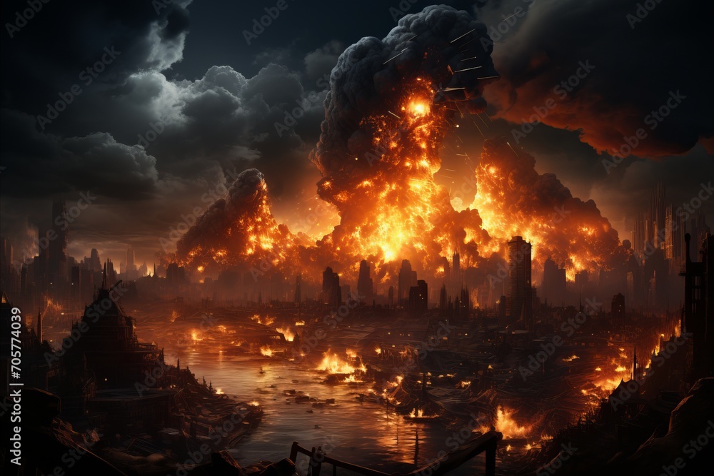 Apocalyptic cityscape with burning buildings, burnt-out vehicles and ruined roads.