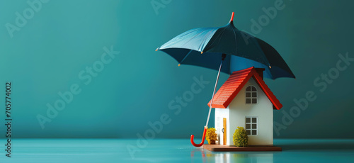 umbrella over small house. house safety and protection, real estate insurance concept. banner with copy space