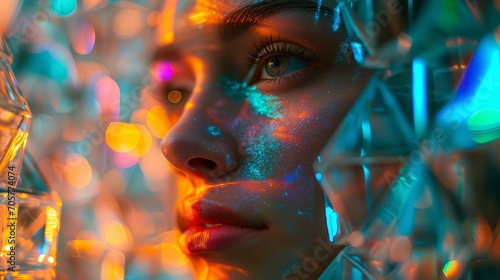 Futuristic human face with glossy holographic effect. Bright rainbow effect with colorful bokeh background.