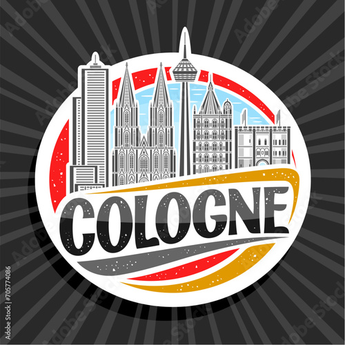 Vector logo for Cologne, decorative tag with line illustration of famous european cologne city scape on day sky background, art design refrigerator magnet with unique brush type for black text cologne