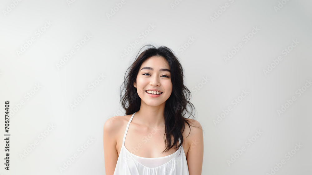 Portrait of Beautiful Asian Woman with her Smooth skin look at camera on White background in Studio light. generative AI. Portrait of Beautiful Asian Woman with her Smooth skin look at camera on White background in Studio light. generative AI.