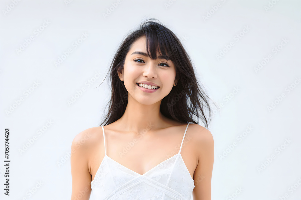 Portrait of Beautiful Asian Woman with her Smooth skin look at camera on White background in Studio light. generative AI. Portrait of Beautiful Asian Woman with her Smooth skin look at camera on White background in Studio light. generative AI.