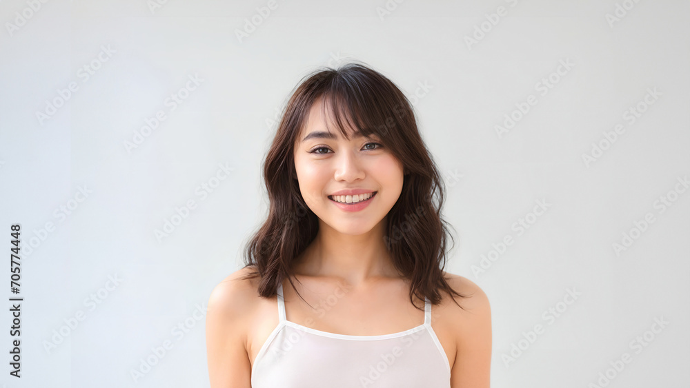 Portrait of Beautiful Asian Woman with her Smooth skin look at camera on White background in Studio light. generative AI. Portrait of Beautiful Asian Woman with her Smooth skin look at camera on White background in Studio light. generative AI.