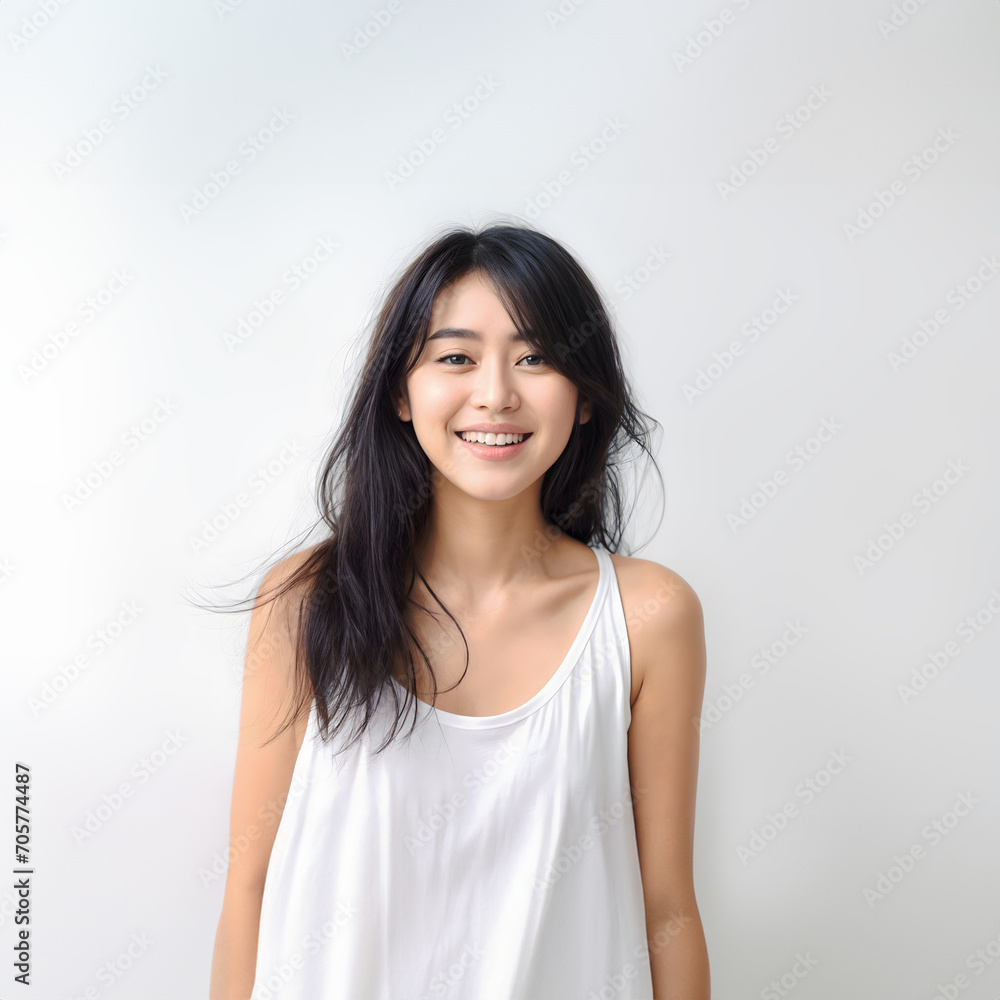 Portrait of Beautiful Asian Woman with her Smooth skin look at camera on White background in Studio light. generative AI. Portrait of Beautiful Asian Woman with her Smooth skin look at camera on White background in Studio light. generative AI.