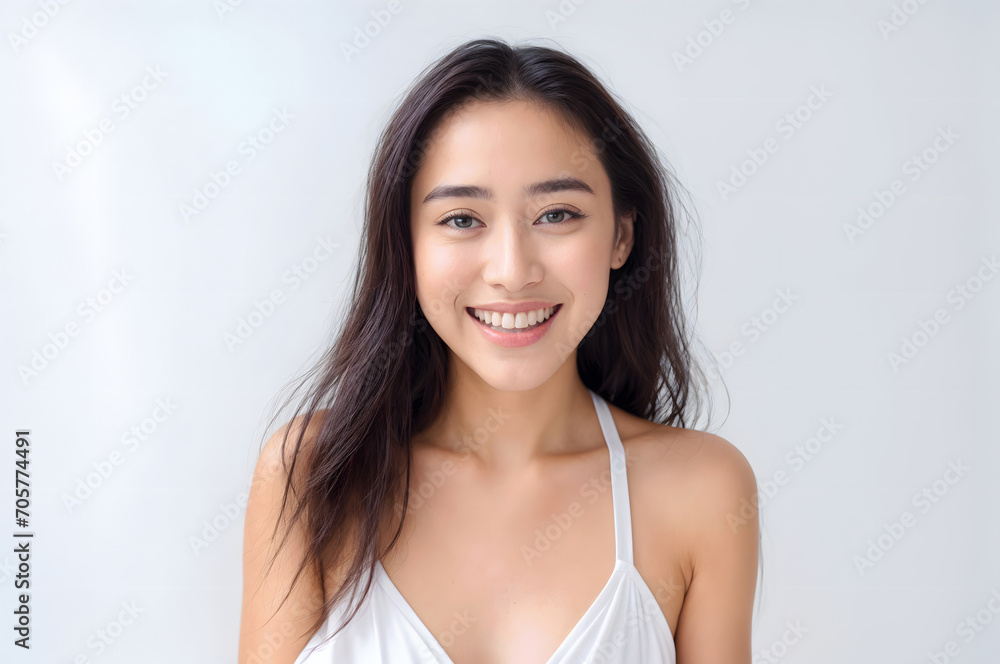 Portrait of Beautiful Asian Woman with her Smooth skin look at camera on White background in Studio light. generative AI. Portrait of Beautiful Asian Woman with her Smooth skin look at camera on White background in Studio light. generative AI.
