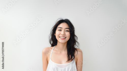 Portrait of Beautiful Asian Woman with her Smooth skin look at camera on White background in Studio light. generative AI.