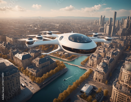 futuristic flying car, transport of the future, big cities #705774419