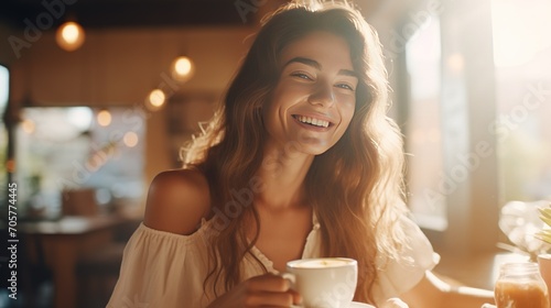 A detailed close-up of a radiant young woman enjoying a cappuccino in a contemporary coffee shop