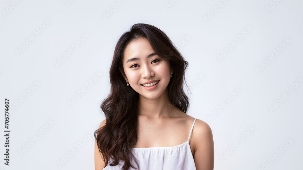 Portrait of Beautiful Asian Woman with her Smooth skin look at camera on White background in Studio light. generative AI. Portrait of Beautiful Asian Woman with her Smooth skin look at camera on White background in Studio light. generative AI.