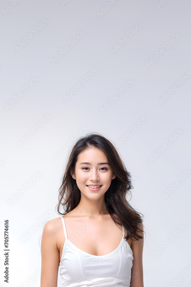 Portrait of Beautiful Asian Woman with her Smooth skin look at camera on White background in Studio light. generative AI. Portrait of Beautiful Asian Woman with her Smooth skin look at camera on White background in Studio light. generative AI.
