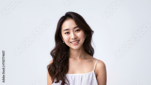 Portrait of Beautiful Asian Woman with her Smooth skin look at camera on White background in Studio light. generative AI.