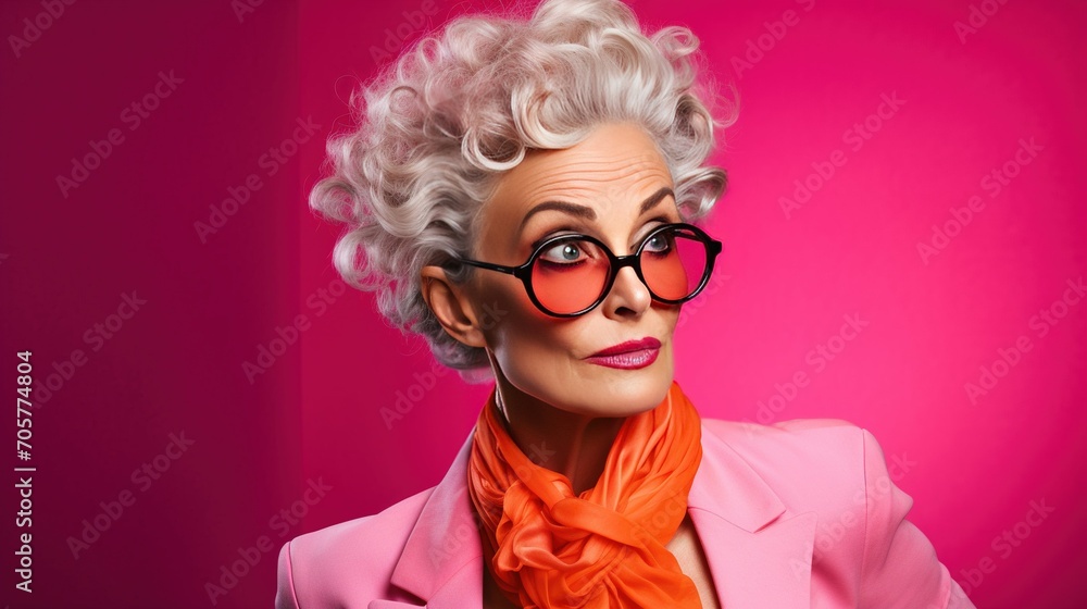 A stunning 50s mid-aged woman making eye contact, isolated on a vibrant colored background