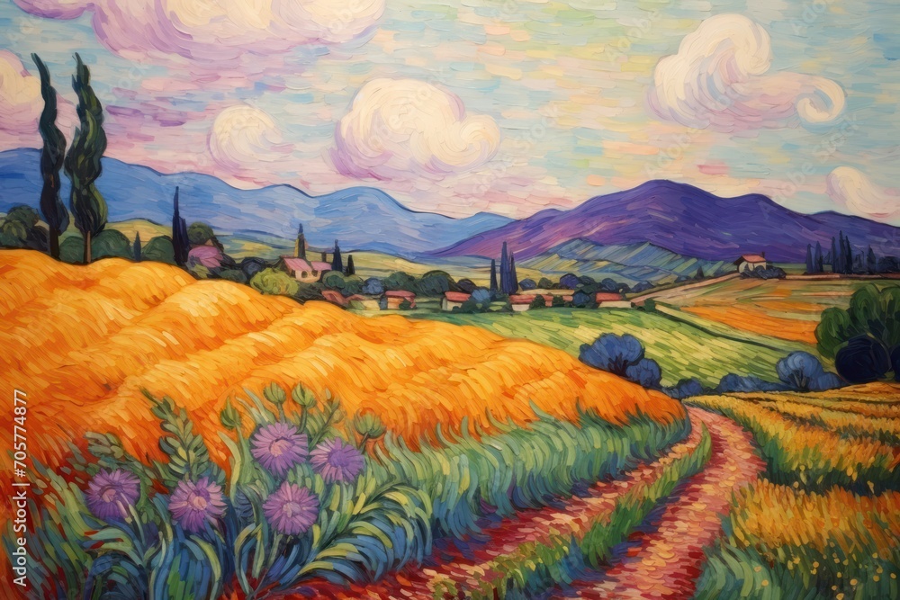  a painting of a wheat field with a road going through it and hills in the distance with clouds in the sky and trees on the other side of the field.