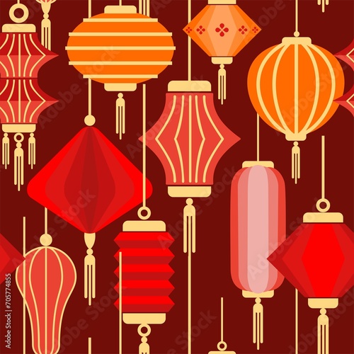 Chinese New Year is a seamless pattern of simple, flat graphic elements in Asian style. Cute digital illustration ideal for printing, branding, social media, scrapbooking and DIY